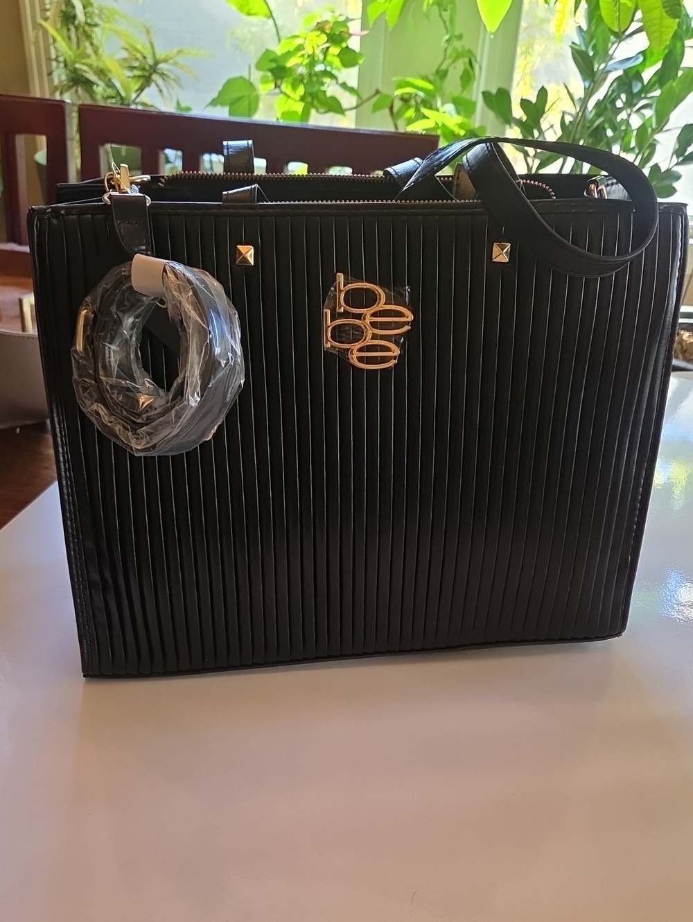 BeBe Elegant Black Structured Tote with Gold Accent - Women Bags